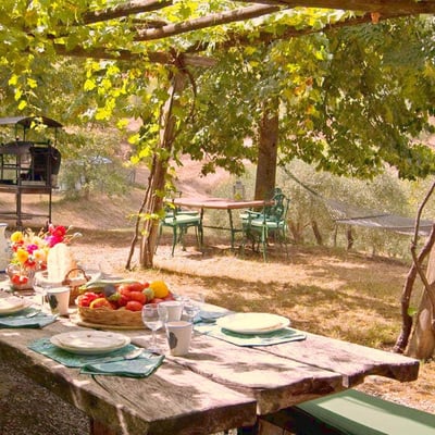 Pergola for outdoor dining behind Docciole