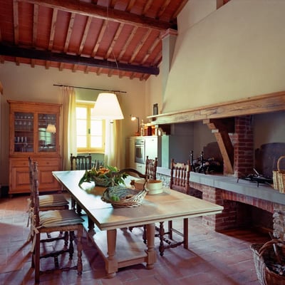 The kitchen is warm and elegant