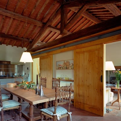 Sliding doors can separate the living area from the kitchen