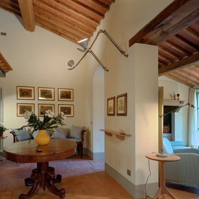 Sliding doors can separate the living area from the kitchen