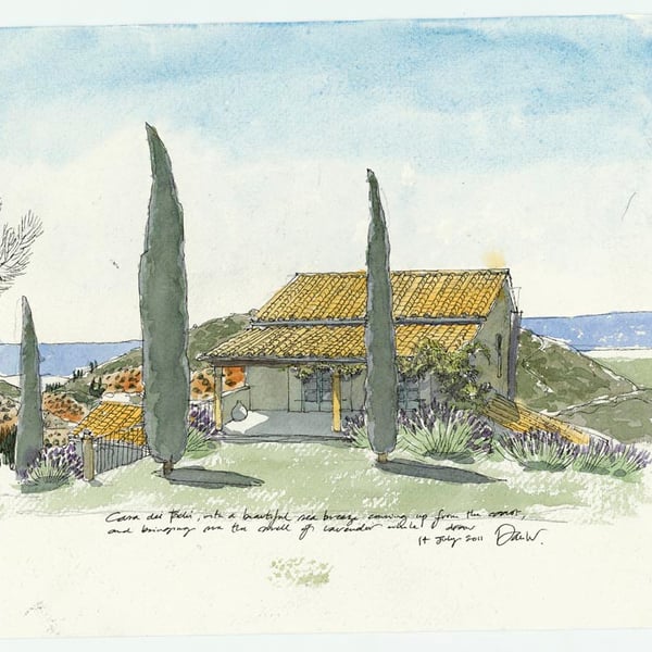 Dan Wrightson's Watercolour of Casa dei Fichi, looking out over the Bay of Baratti