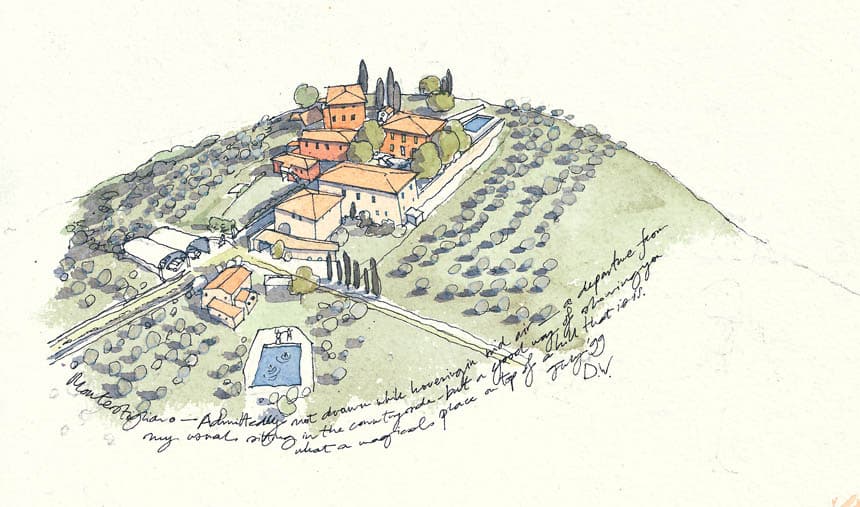 Montestigliano is a slice of Sienese history, an ancient farming estate on a hill near the city. aerial-montestigliano