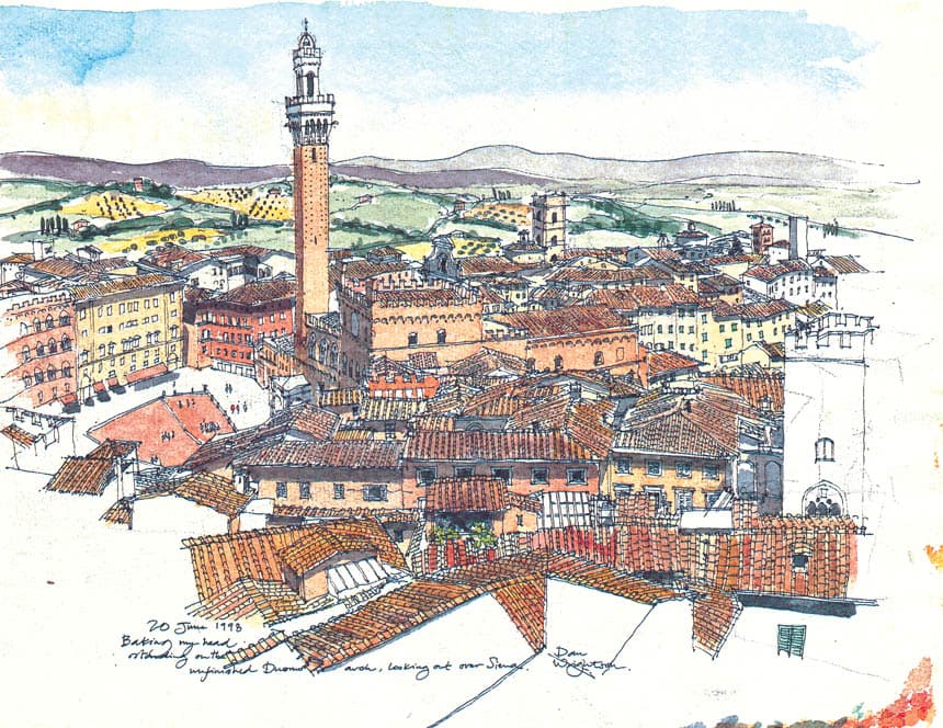 A few years ago I sketched the view of Siena from the unfinished Duomo, looking out over the Piazza del Campo sienalesspink