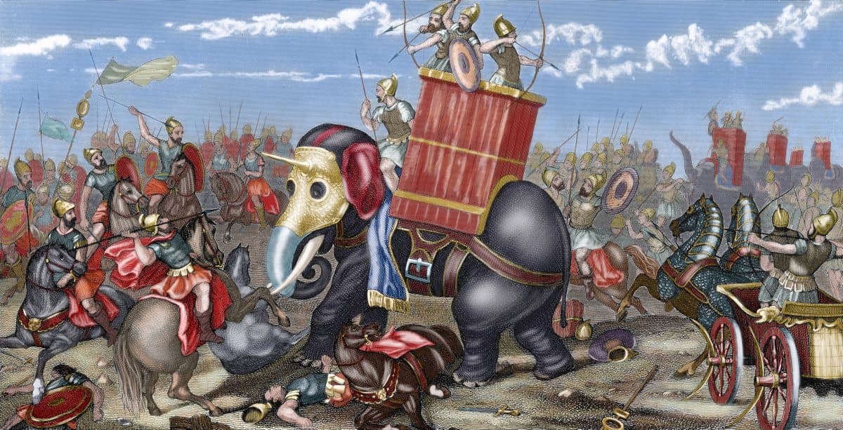 An engraving of Hannibal's elephants in the second Punic war second-punic-war-the-battle-of-zama-202-b-c-colored-engraving