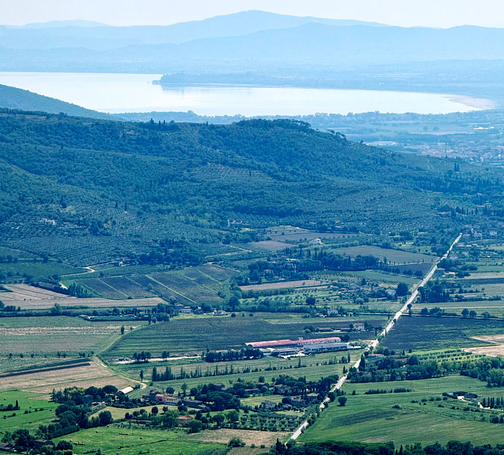 The views are fabulous. That's Lake Trasimeno in the distance, and where the straight road hits the ridge is where Hannibal had his great battle with the Romans 01cortona-view